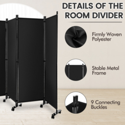 Costway 4 Panel Black Folding Room Divider with Wheels - Size: 105 x 12 x 12cm - Wilko - thumbnail 6