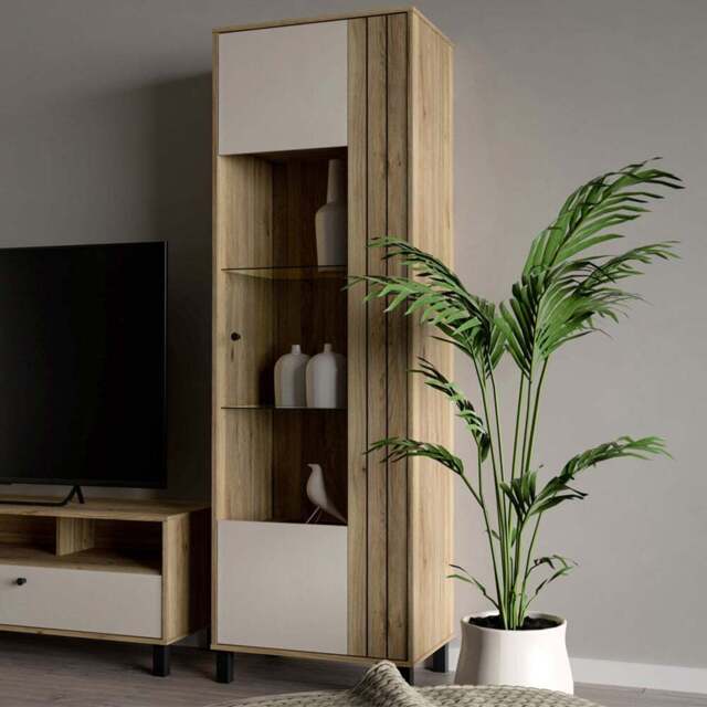 Florence Grafton Single Door Cream and Oak Glass Display Cabinet - Size: 195.8 x 63.4 x 42cm - Multi - Furniture To Go - Wilko - image 1