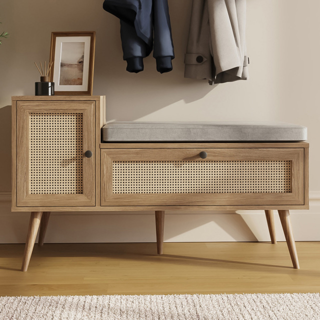 GFW Noor 2 Door Oak Rattan Shoe Cabinet with Cushioned Seat - Size: 58.5 x 100 x 38cm - Wilko - image 1
