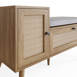 GFW Noor 2 Door Oak Rattan Shoe Cabinet with Cushioned Seat - Size: 58.5 x 100 x 38cm - Wilko - thumbnail 7