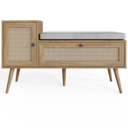 GFW Noor 2 Door Oak Rattan Shoe Cabinet with Cushioned Seat - Size: 58.5 x 100 x 38cm - Wilko - thumbnail 4