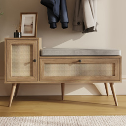 GFW Noor 2 Door Oak Rattan Shoe Cabinet with Cushioned Seat - Size: 58.5 x 100 x 38cm - Wilko