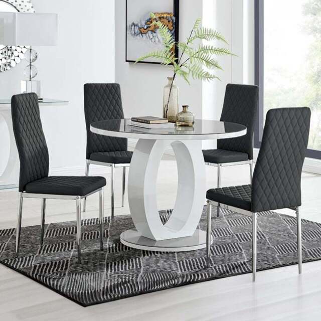 Furniturebox Lucia Valera 4 Seater Round Dining Set Grey Gloss Black and Chrome - Wilko - image 1