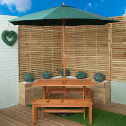 Samuel Alexander 4 Seater Wooden Rectangular Dining Bench Set with Green Parasol and Base - Brown - Wilko