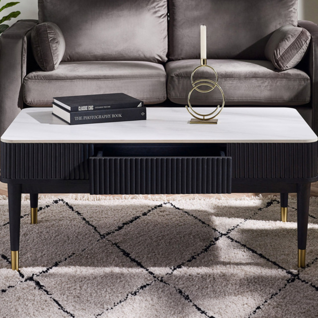 Julian Bowen Louis 2 Drawer Black Fluted Stone Top Coffee Table - Size: 47 x 110 x 65cm - White - Wilko - image 1