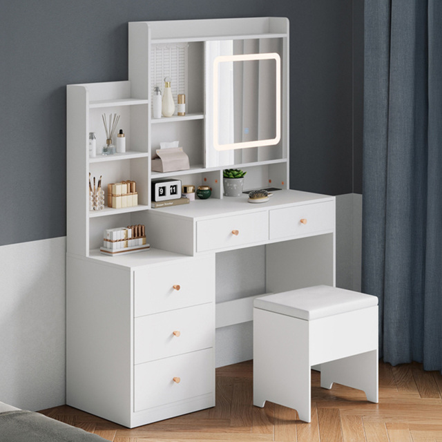 Living and Home 5 Drawer 6 Shelf White LED Dressing Table Set - Size: 150 x 112 x 40cm - Wilko