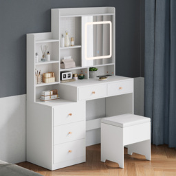 Living and Home 5 Drawer 6 Shelf White LED Dressing Table Set - Size: 150 x 112 x 40cm - Wilko - thumbnail 1