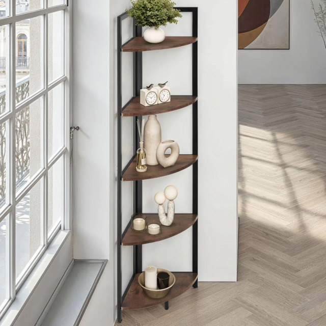 tectake Castlebar 5 Shelf Industrial Dark Wood Corner Shelving Unit - Brown - Wilko - image 1