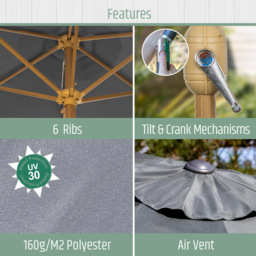 Gardenkraft Charcoal Crank and Tilt Wooden Parasol 2.7m - Black - Wilko - thumbnail 4