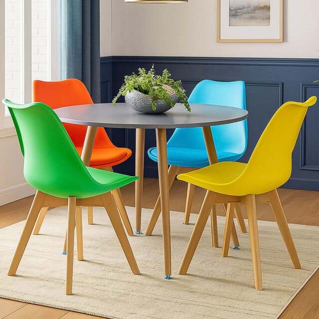 Kosy Koala Grey Round Dining Table Set with 4 Mixed Tulip Chairs - Size: 4 Seater - Multi - Wilko - image 1