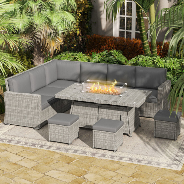 Outsunny 7 Piece Rattan Garden Furniture Set with Gas Fire Pit Table - Grey - Wilko - image 1