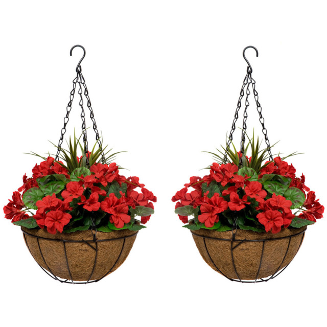GreenBrokers Artificial Red Geraniums Round Coco Coir Hanging Plant Baskets 2 Pack - Size: 25 x 34 x 52cm - Wilko - image 1