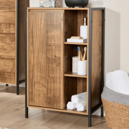 Home Source Locastra Single Door 3 Shelf Oak and Black Bathroom Floor Cabinet - Size: 90 x 32.5 x 16cm - Brown - Wilko