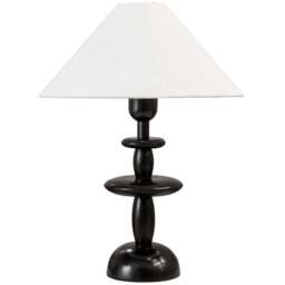 ValueLights Justin Natural Linen Tapered Shade Dark Wood Stacked LED Table Lamp - Size: 54 x 40 x 40cm - Black - Wilko