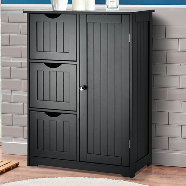 Costway Single Door 3 Drawer Black Freestanding Bathroom Cabinet - Size: 90 x 39 x 17cm - Wilko - image 1