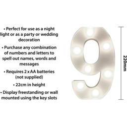 St Helens Battery Operated 3D LED Number 9 Light - Size: 21.8 x 4.3 x 16.5cm - White - Wilko - thumbnail 5
