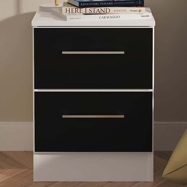 Crowndale Worcester 2 Drawer Matt Black and White Compact Bedside Cabinet Ready Assembled - Black Matt & White - Wilko - image 1