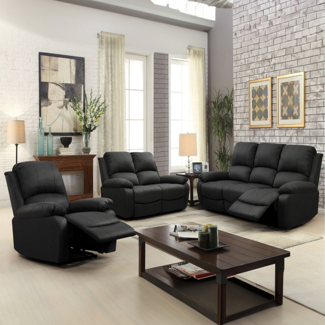 Brooklyn 6 Seater Dark Grey Luxury Fabric Manual Recliner Sofa Set - Wilko - image 1