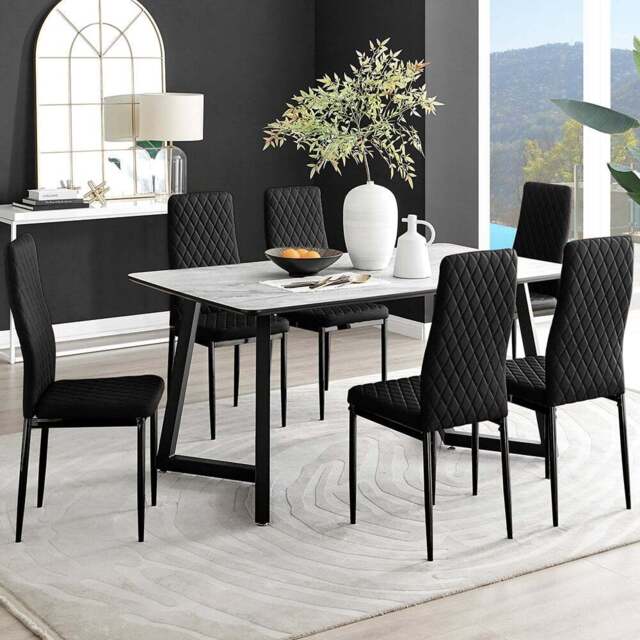 Furniturebox Copeland Valera Marble Effect 6 Seater Dining Set White and Black - Wilko - image 1