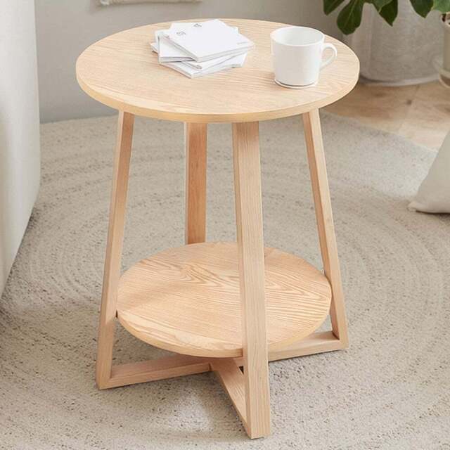 Living and Home 2-Tier Natural Round Solid Wood Coffee Side Table - Size: 50 x 50 x 50cm - Cream - Wilko - image 1