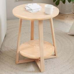 Living and Home 2-Tier Natural Round Solid Wood Coffee Side Table - Size: 50 x 50 x 50cm - Cream - Wilko