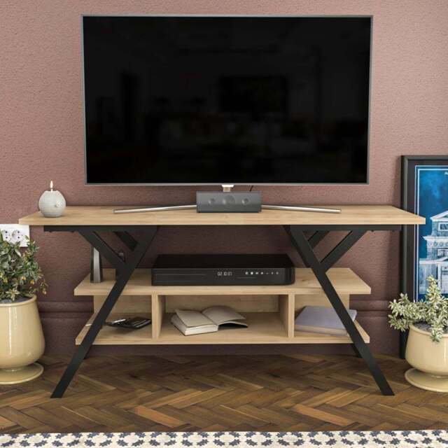 Decorotika Minerva Decorative 4 Open Shelf Black and Oak TV Unit - Size: 55 x 120 x 35cm - Multi - Wilko - image 1