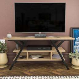 Decorotika Minerva Decorative 4 Open Shelf Black and Oak TV Unit - Size: 55 x 120 x 35cm - Multi - Wilko