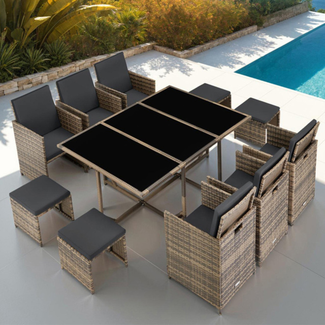 tectake Malaga 10 Seater Nature Garden Dining Set with Rain Cover - Grey - Wilko - image 1