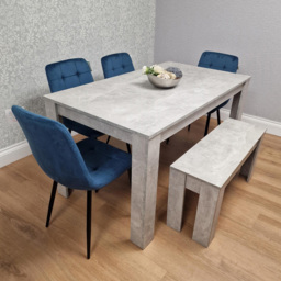 Kosy Koala Rocco 5 Seater Wooden Velvet Dining Bench Set Stone Grey and Blue - Wilko