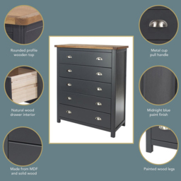 Core Products Dunkeld 5 Drawer Midnight Blue Chest of Drawers - Size: 5 Drawers - Wilko - thumbnail 6