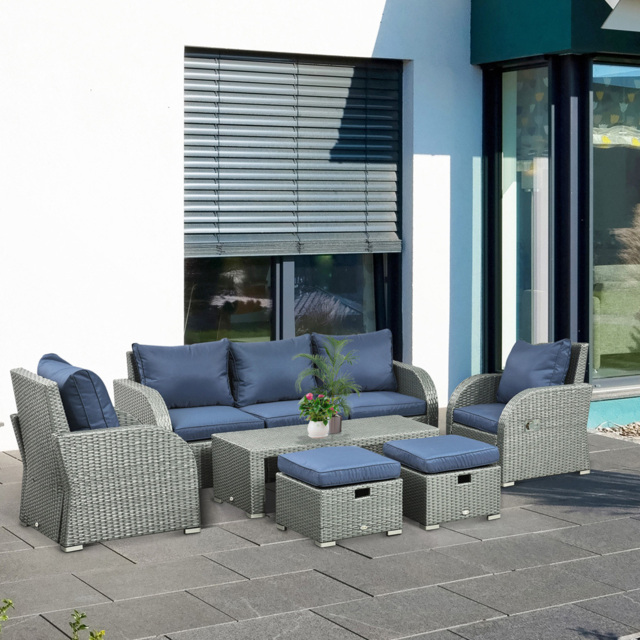 Outsunny 7 Seater Grey Rattan Sofa Lounge Set - Blue - Wilko - image 1