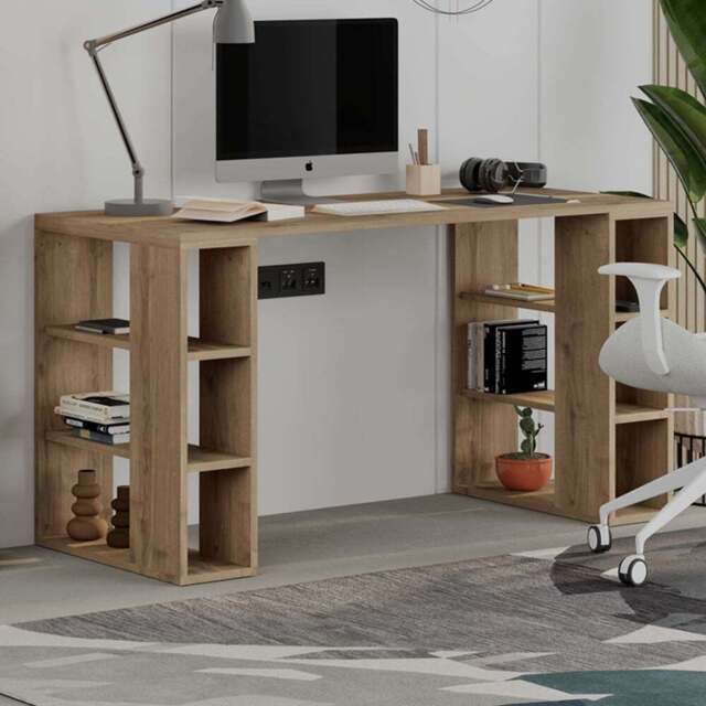 Decortie Colmar Dark Oak Effect Desk with Bookshelf Legs - Brown - Wilko - image 1