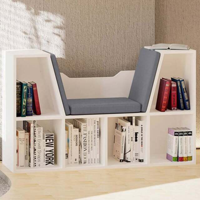 Portland 6 Shelf White Bookcase with Cushioned Reading Seat - Wilko - image 1