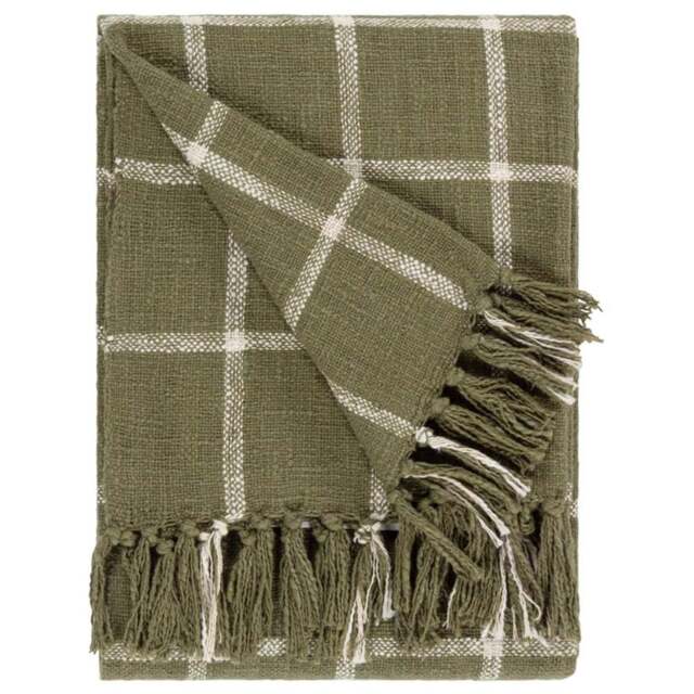Yard Beni Moss Green and Natural Checked Fringed Throw 130 x 180cm - Size: 180 x 130cm - Multi - Yard Living - Wilko - image 1