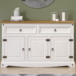 Corona 3 Door 2 Drawer White Washed Wax Finish Medium Sideboard - Size: 43 x 132 x 80cm - Wilko