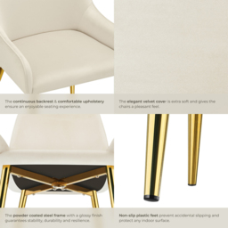 tectake Avane Set of 4 Beige Velvet High Backrest Dining Chair - Cream - Wilko - thumbnail 6