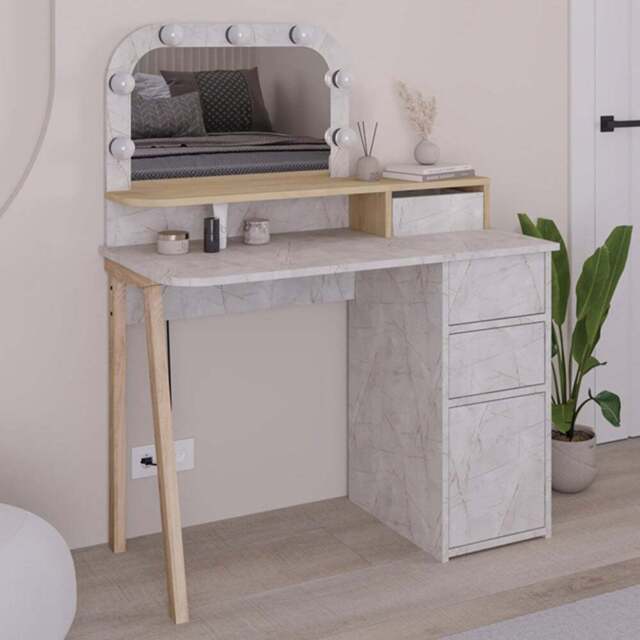 Decortie Avien 3 Drawer Single Door Sapphire Oak Makeup Vanity Table with LED Mirror - Size: 131 x 105 x 51.5cm - Multi - Wilko - image 1