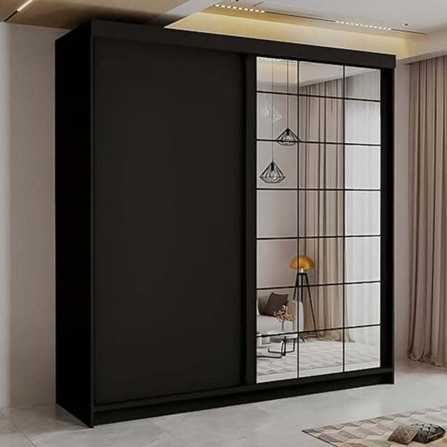 Sliding Wardrobes 4U 2 Sliding Door Black Modern Grid Mirrored Wardrobe 200cm - Size: 2 Door - Wilko - image 1