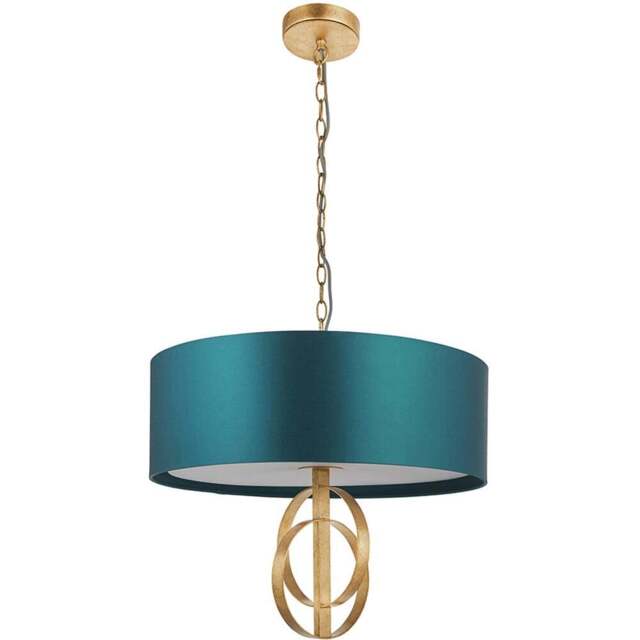 Merano Trento Antique Gold and Teal Satin Fabric 3 Light Pendant Ceiling Light - Size: 60 x 60 x 198cm - Wilko - image 1