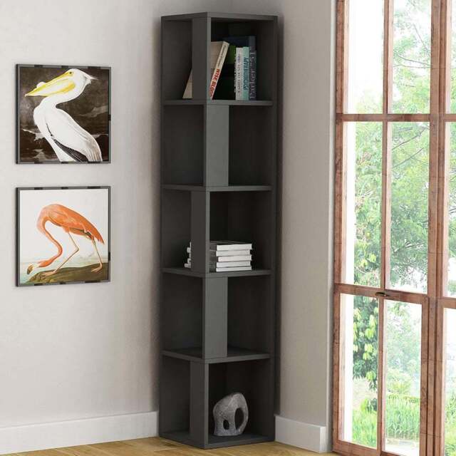 Decortie Piano 5 Shelf Anthracite Modern Corner Bookcase - Black - Wilko - image 1