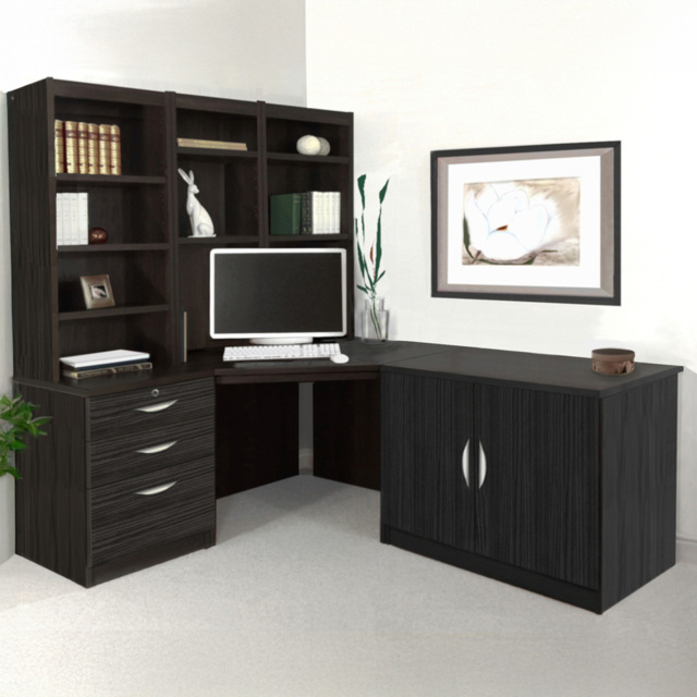 R White Cabinets SET-19-IN-BH Corner Desk Drawer Unit and Hutch Bookcase Home Office Furniture Set - Size: 182 x 179 x 142cm - Black - Wilko - image 1