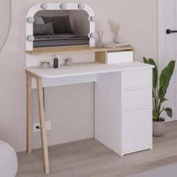 Decortie Avien 3 Drawer Single Door White and Oak Makeup Vanity Table with LED Mirror - Size: 131 x 105 x 51.5cm - Multi - Wilko