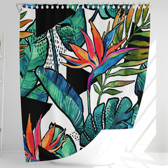Benjamin Tate Design Green Tropical Leaves and Flowers Shower Curtain 170 x 170cm - Size: 170 x 170 x 1cm - Wilko - image 1