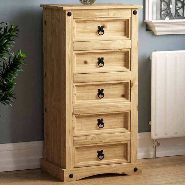 Vida Designs Corona 5 Drawer Pine Narrow Chest of Drawers - Brown - Wilko - image 1