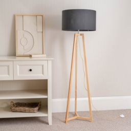 ValueLights Lottie Charcoal Grey Fabric Drum Shade Natural Wood Tripod LED Floor Lamp - Size: 148 x 45 x 45cm - Cream - Wilko - thumbnail 4