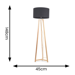 ValueLights Lottie Charcoal Grey Fabric Drum Shade Natural Wood Tripod LED Floor Lamp - Size: 148 x 45 x 45cm - Cream - Wilko - thumbnail 5