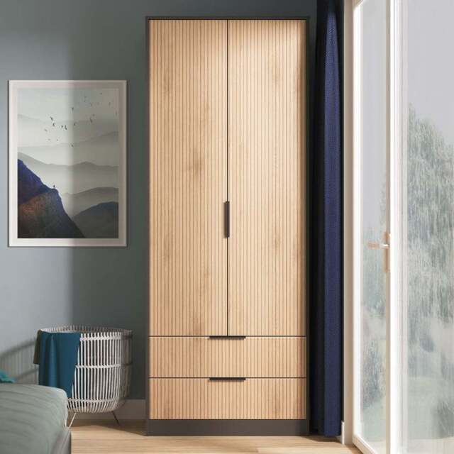 Crowndale Hong Kong 2 Door 2 Drawer Slatt Effect and Graphite Tall Wardrobe Ready Assembled - Slatt Effect & Graphite - Wilko - image 1