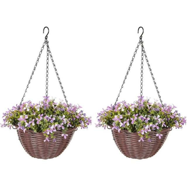 HOMCOM Artificial Flower Hanging Basket 2 Pack - Size: 26 x 29 x 55cm - Purple - Wilko - image 1