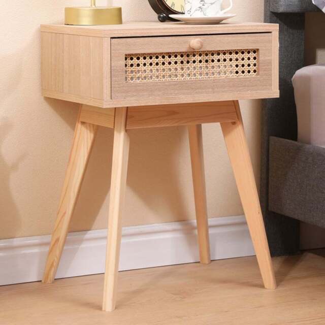 FurnitureHMD Single Drawer Natural Rattan Weaving Side Table with Pine Wood Legs - Size: 54.5 x 40 x 30cm - Wilko - image 1