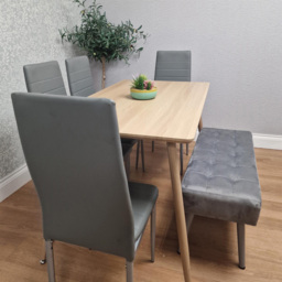 Kosy Koala 4 Seater Faux Leather Wooden Dining Set with Bench Grey - Beige - Wilko - thumbnail 5
